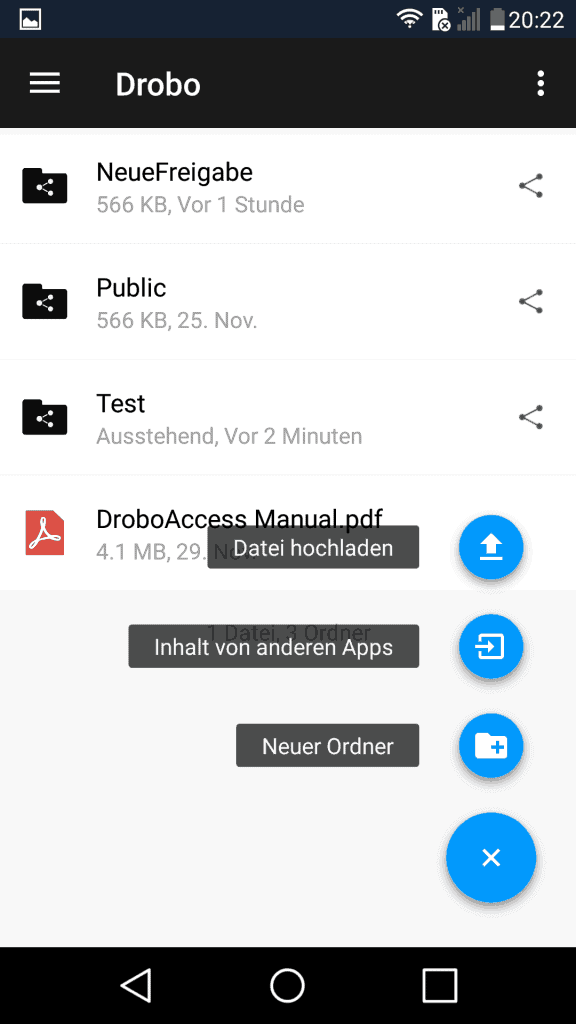 Drobo Access Android - Plus Knopf Menü