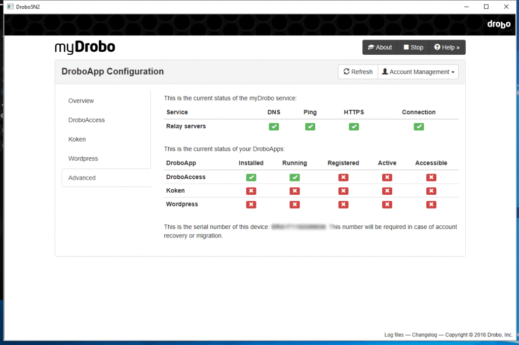 My Drobo Verwaltung - Tab Advanced