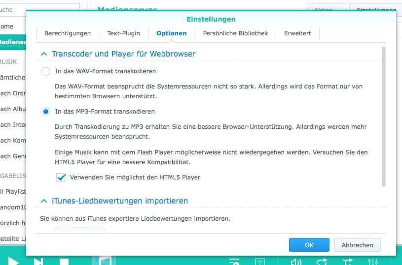 NAS Musikstreaming - Audiostation Einstellungen, Reiter Optionen